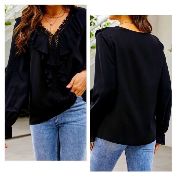 NWT! FLOUNCE SLEEVE RUFFLE TRIM GUIPURE LACE BLOUSE IN BLACK! - Picture 2 of 10